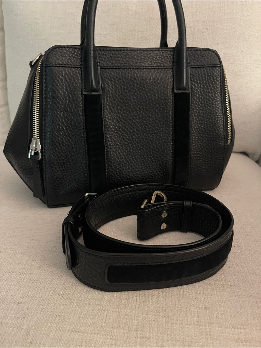 Black Leather and Suede Two Tone Zipper Structured Mackage Bag